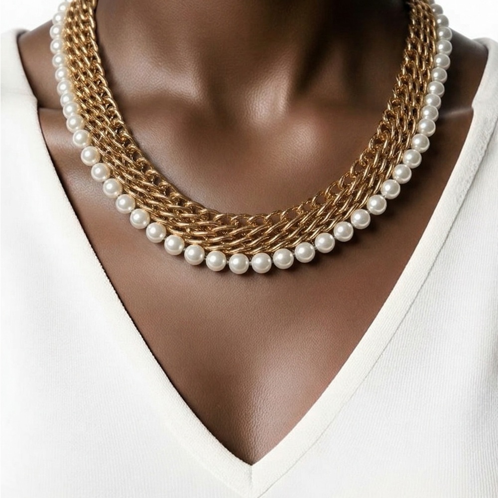Gold Tone Multi-Chain Pearl Statement Necklace 8”
